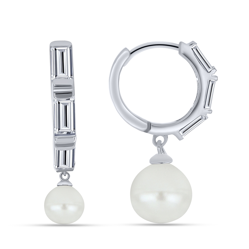 Cercei Creole din argint  cu pietre Cubic Zirconia Incolor, Perla Albă