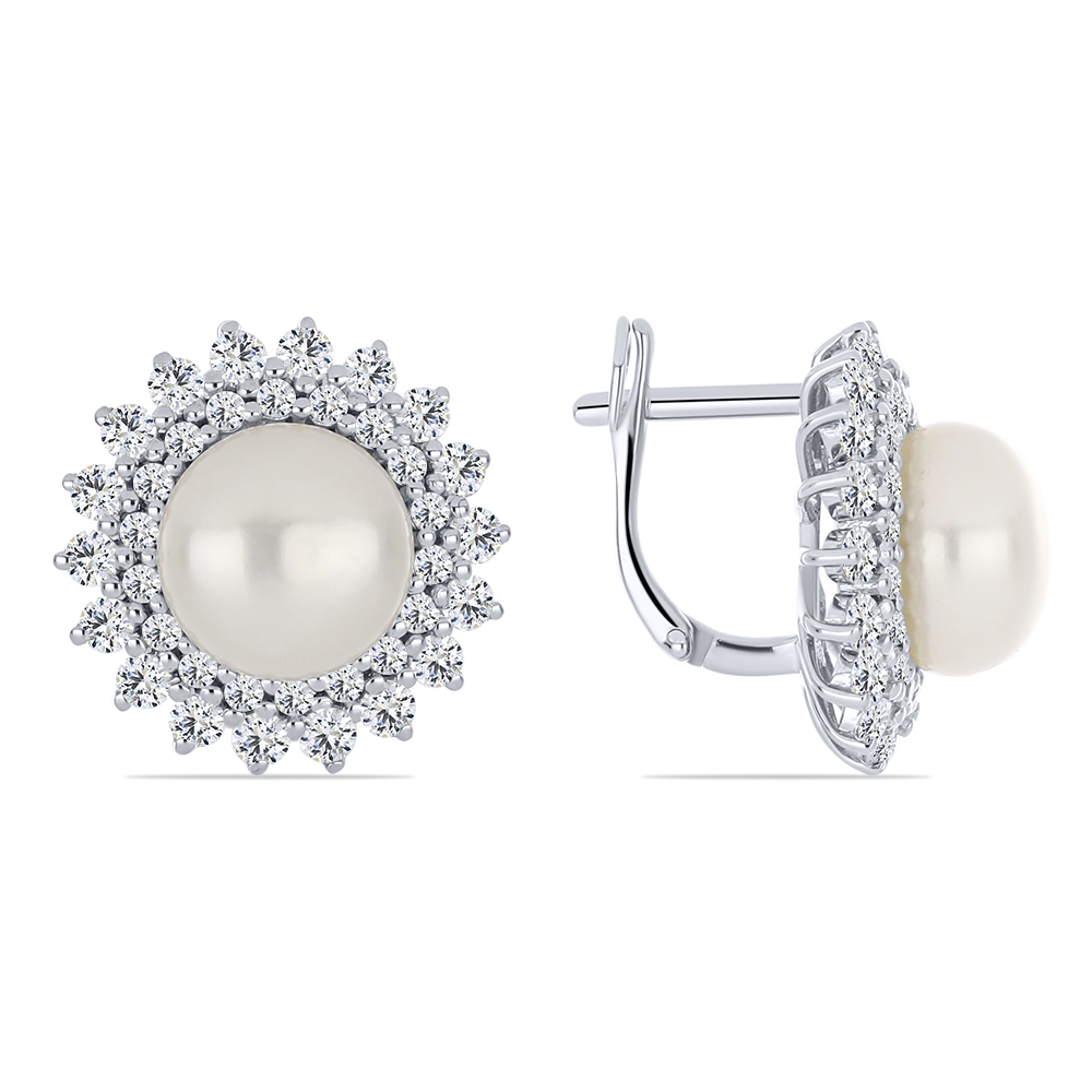 Cercei Pusete din argint  cu pietre Cubic Zirconia Incolor, Perla Albă
