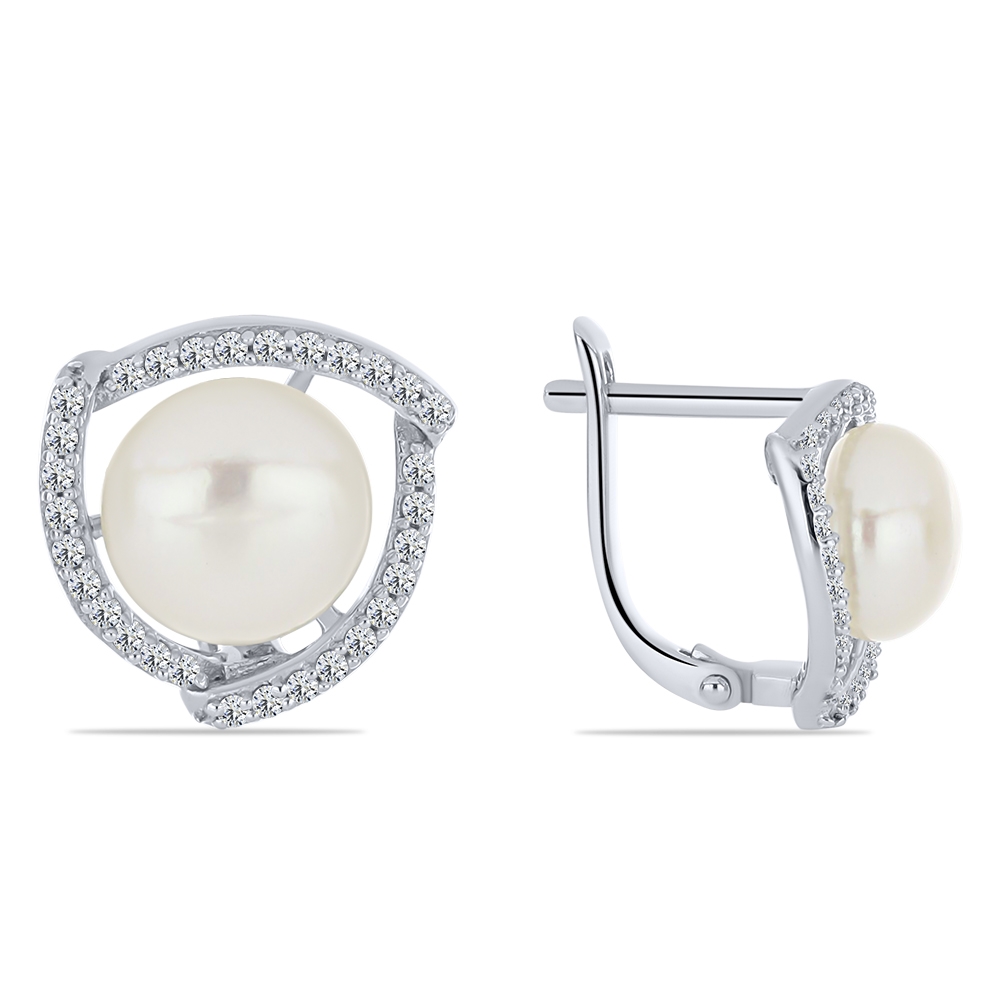 Cercei din argint  cu pietre Cubic Zirconia Incolor, Perla Imit.
