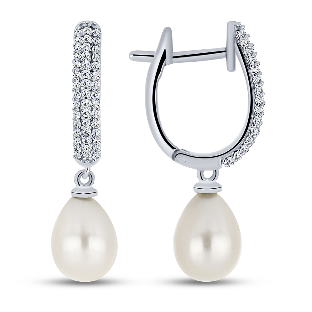 Cercei Creole din argint  cu pietre Cubic Zirconia Incolor, Perla Albă