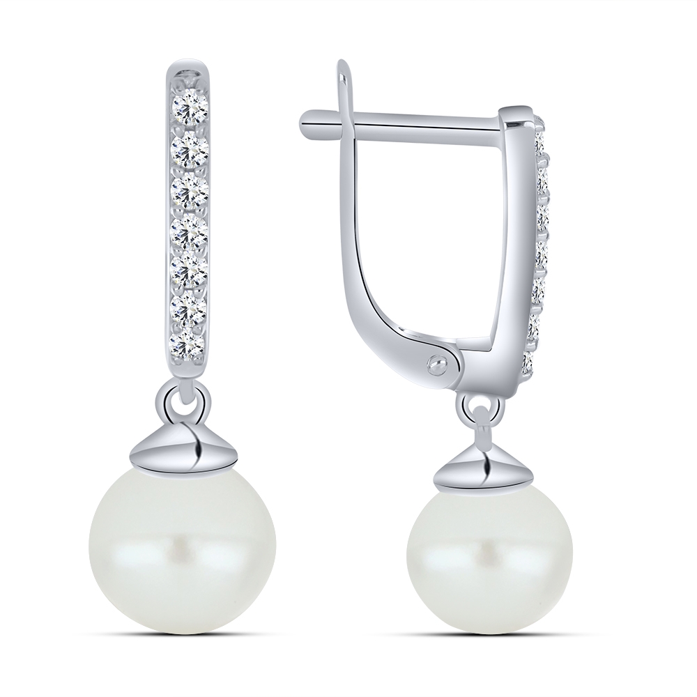 Cercei Suspendați din argint  cu pietre Cubic Zirconia Incolor, Perla Albă