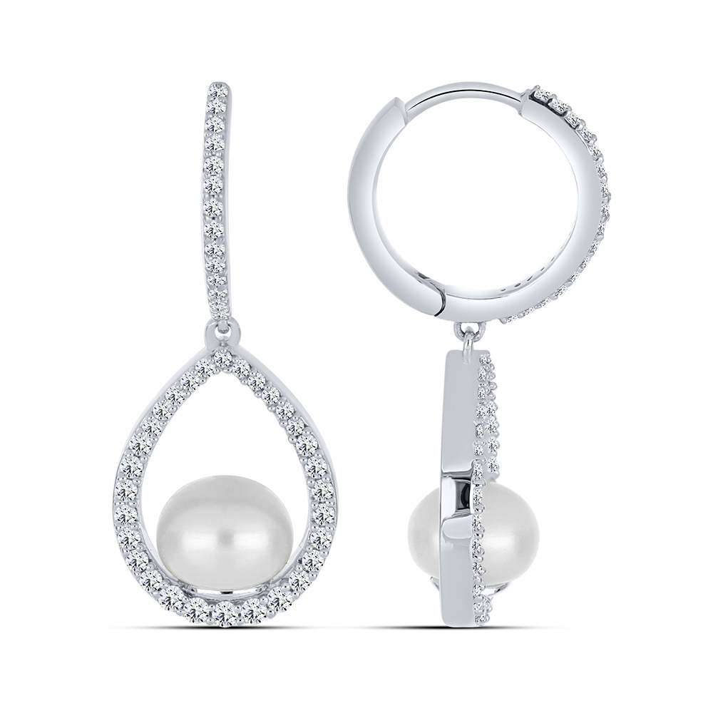 Cercei Creole din argint  cu pietre Cubic Zirconia Incolor, Perla Imit.