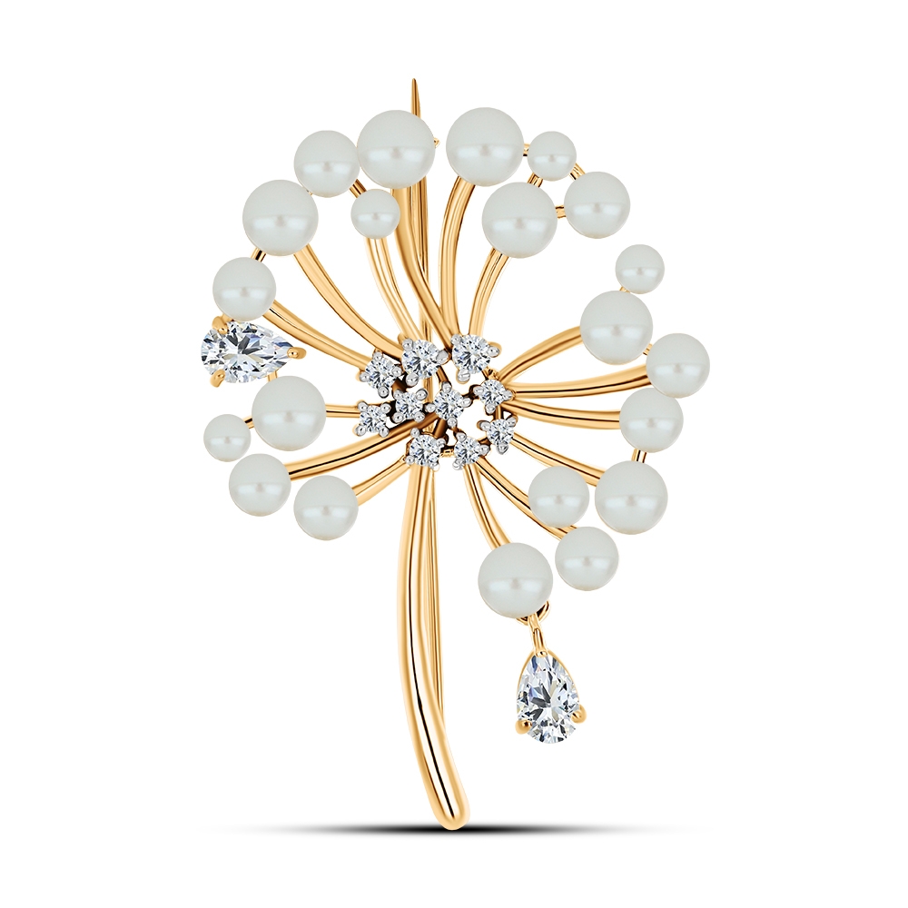 Broșă din aur roz cu pietre Cubic Zirconia Incolor, Perla Albă