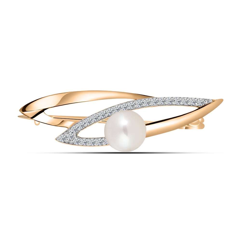 Broșă din aur roz cu pietre Cubic Zirconia Incolor, Perla Albă