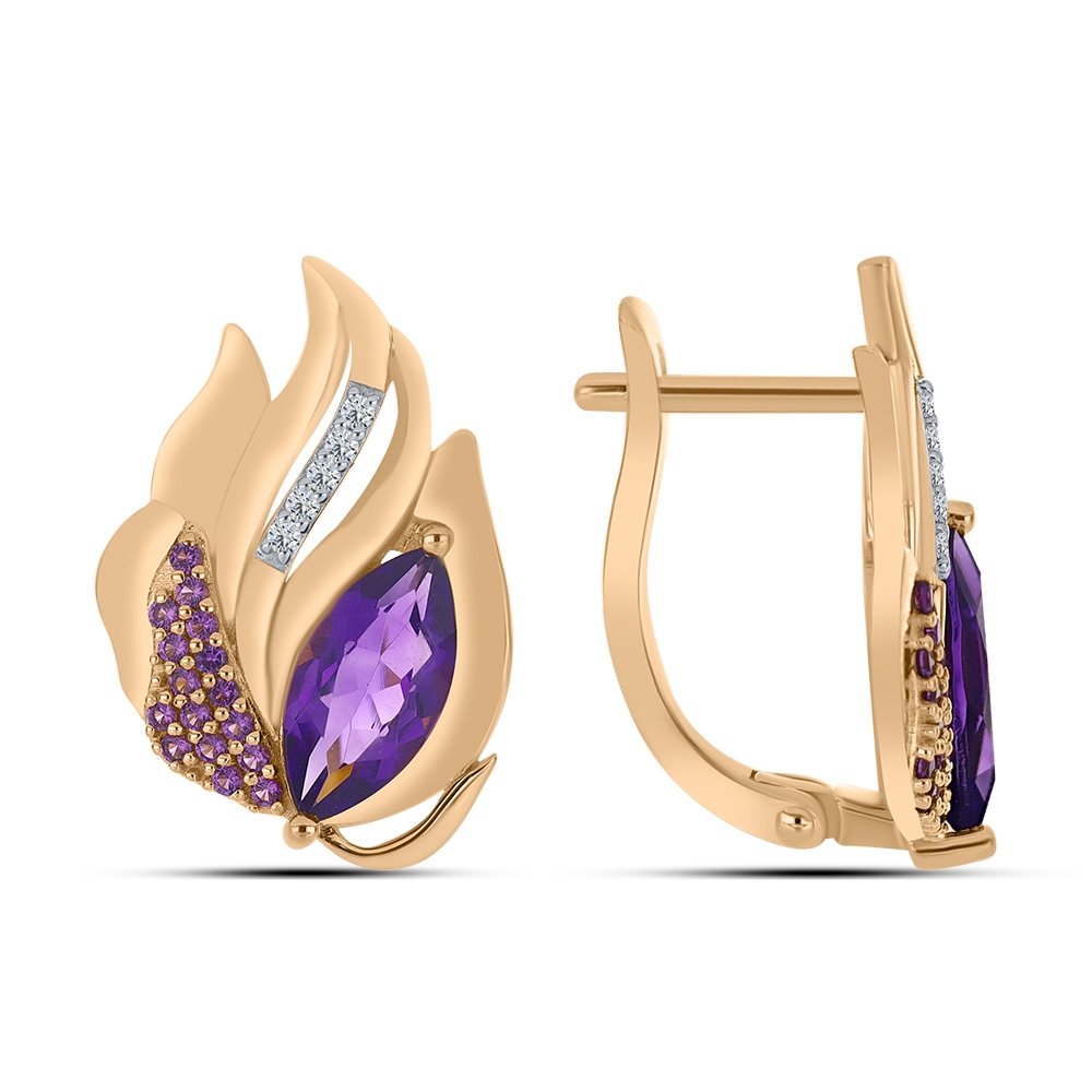 Cercei din aur roz cu pietre Cubic Zirconia Incolor, Ametist și Cubic Zirconia Liliachiu
