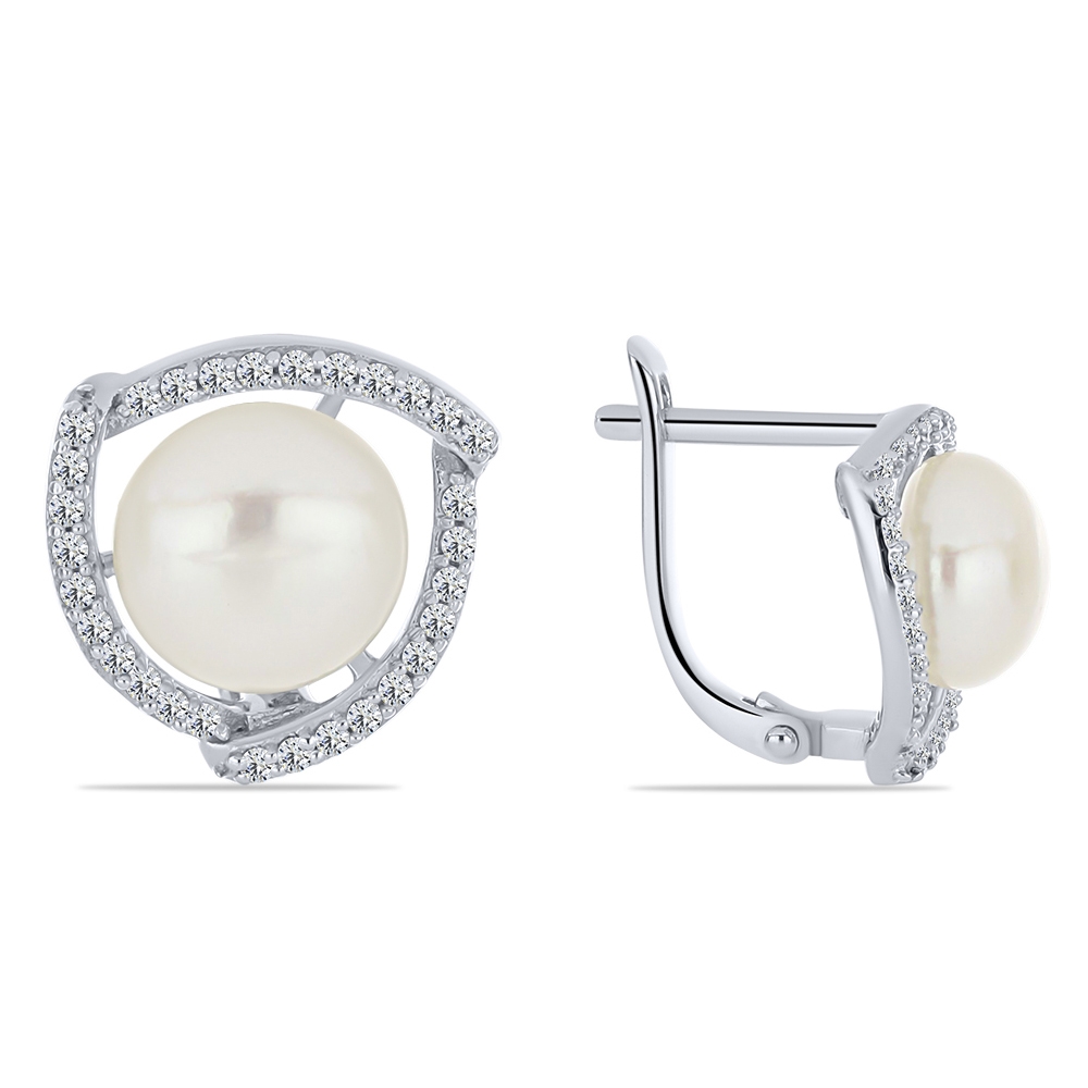 Cercei din aur alb cu pietre Cubic Zirconia Incolor, Perla Albă