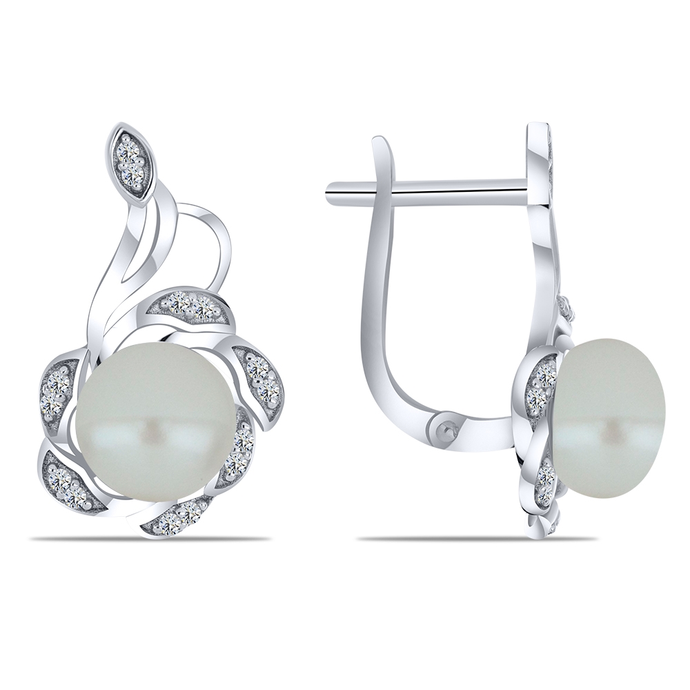 Cercei din aur alb cu pietre Cubic Zirconia Incolor, Perla Albă