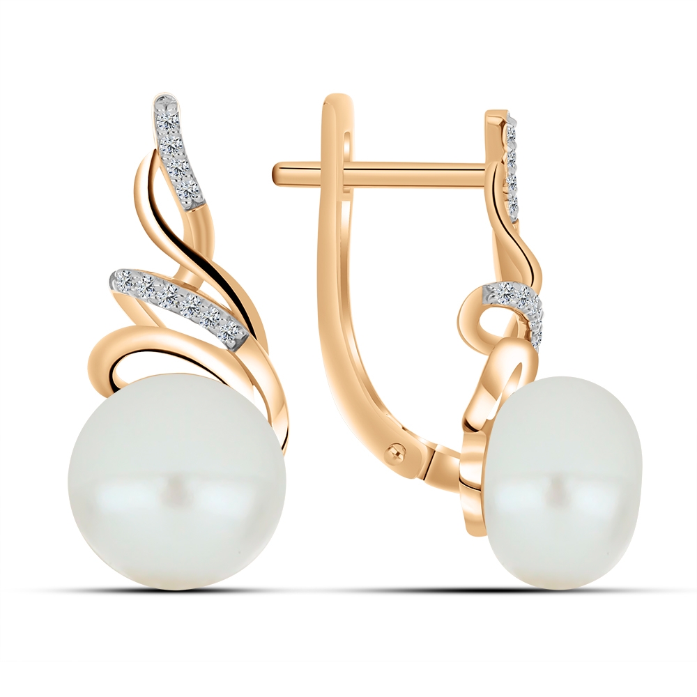 Cercei din aur roz cu pietre Cubic Zirconia Incolor, Perla Albă