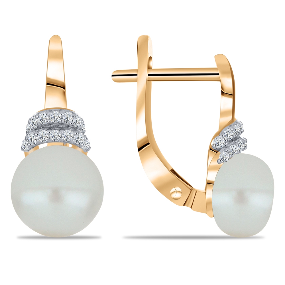 Cercei din aur roz cu pietre Cubic Zirconia Incolor, Perla Albă