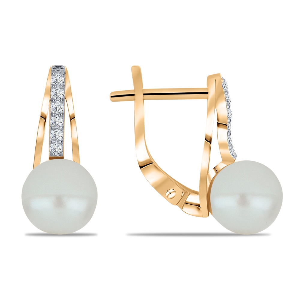 Cercei din aur roz cu pietre Cubic Zirconia Incolor, Perla Albă