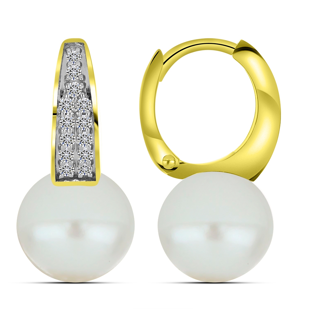 Cercei Creole din aur galben cu pietre Diamant, Perla Albă