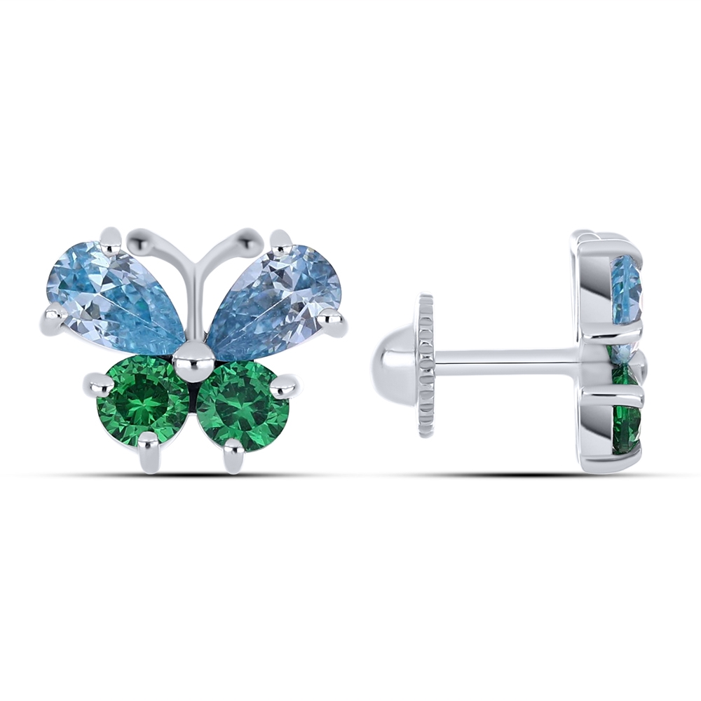 Cercei p-u copii din aur alb cu pietre Cubic Zirconia Albastru, Cubic Zirconia Verde
