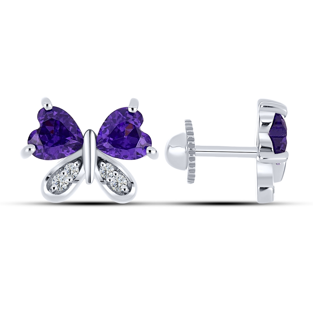 Cercei Pusete din aur alb cu pietre Cubic Zirconia Liliachiu, Cubic Zirconia Incolor