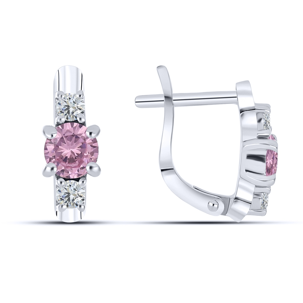 Cercei p-u copii din aur alb cu pietre Cubic Zirconia Roz, Cubic Zirconia Incolor