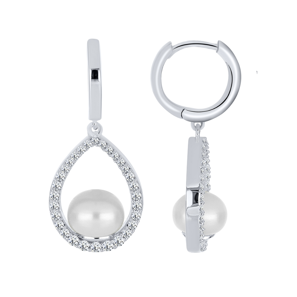 Cercei Creole din argint  cu pietre Cubic Zirconia Incolor, Perla Imit.