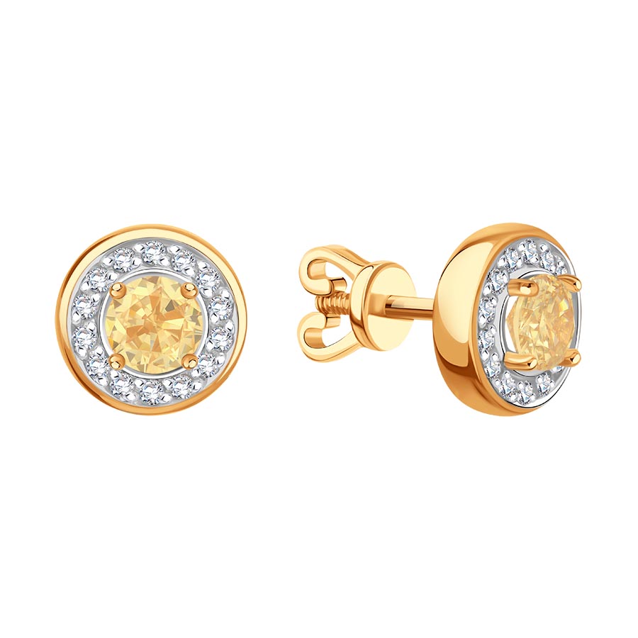 Cercei Pusete din aur roșu cu pietre Cubic Zirconia Incolor, Cubic Zirconia Galben