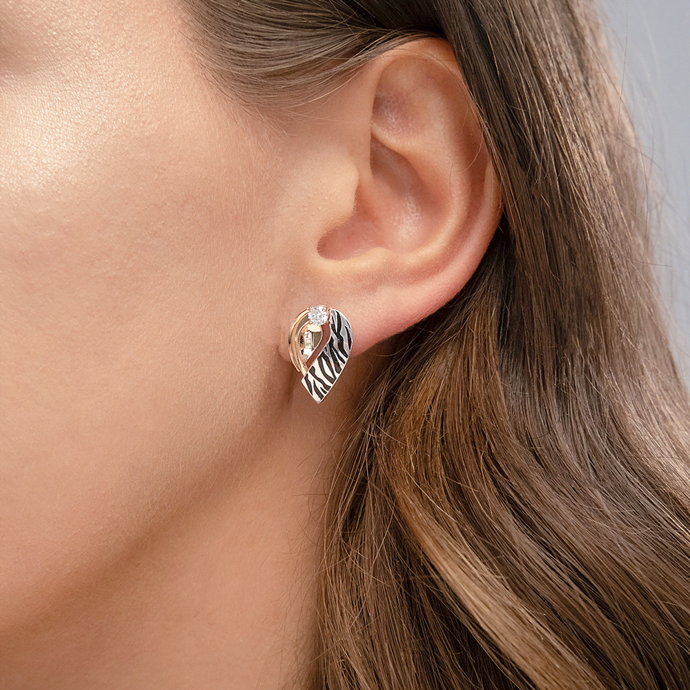 Cercei din aur alb și roșu cu pietre Cubic Zirconia Incolor, Emailare
