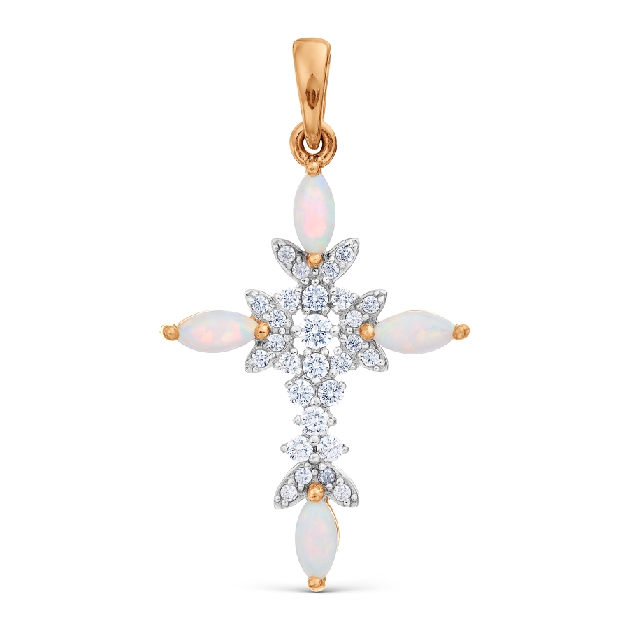 Cruce din aur roșu cu pietre Cubic Zirconia Incolor, Opal (sintetic)