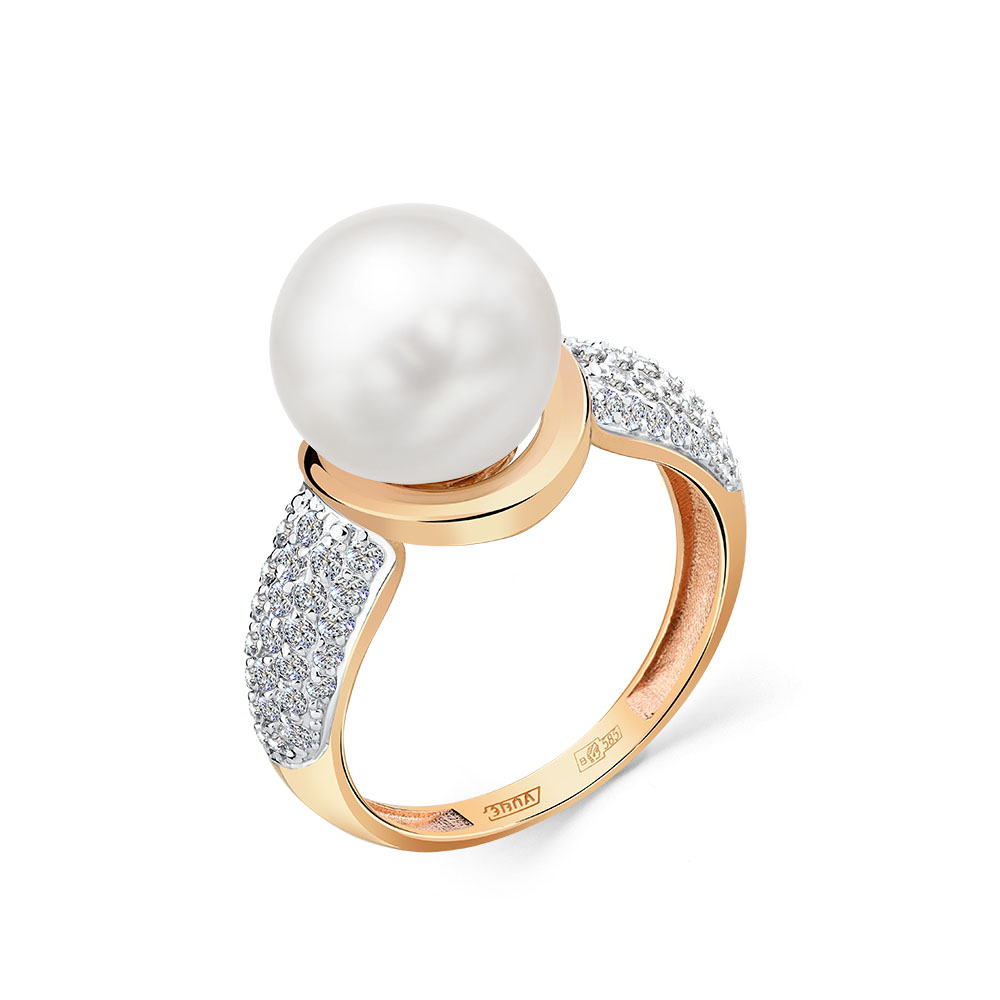 Inel din aur roșu cu pietre Cubic Zirconia Incolor, Perla Albă