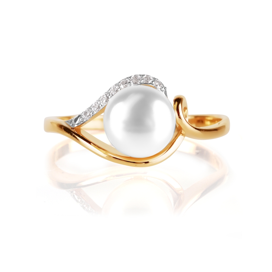 Inel din aur roșu cu pietre Cubic Zirconia Incolor, Perla Albă