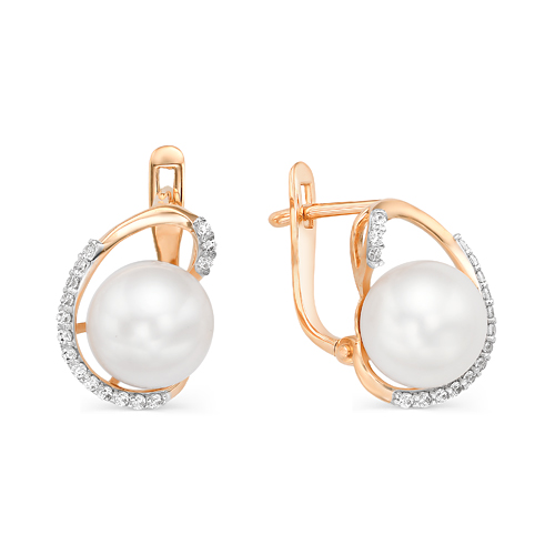 Cercei din aur roșu cu pietre Cubic Zirconia Incolor, Perla Albă