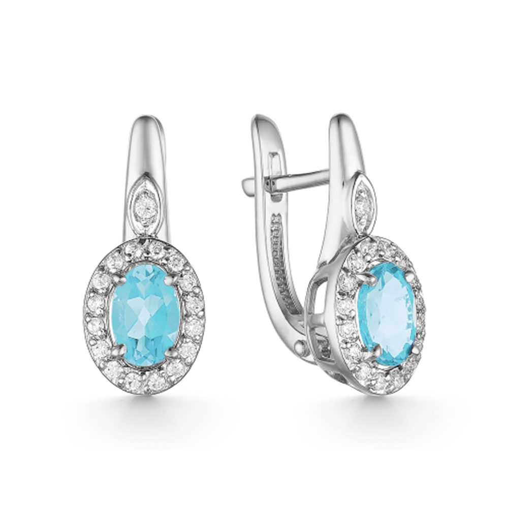 Cercei din aur alb cu pietre Cubic Zirconia Incolor, Topaz albastru