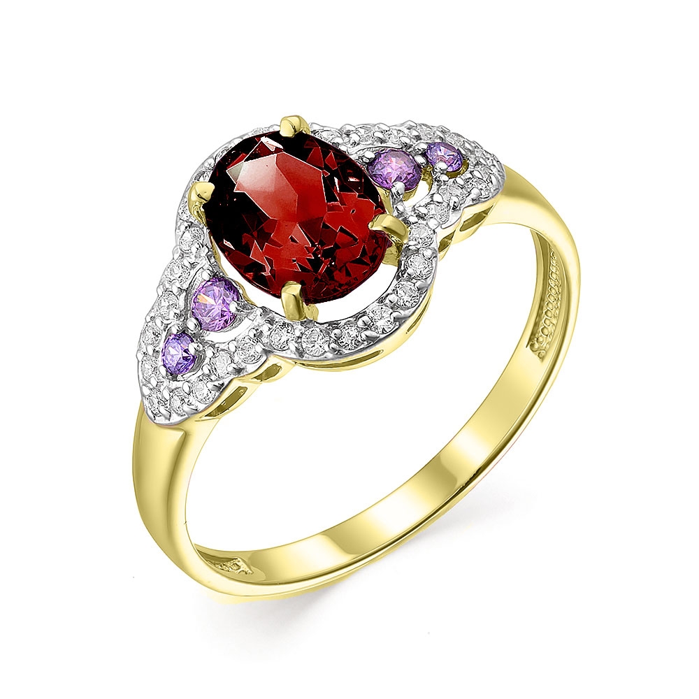 Inel din aur galben cu pietre Cubic Zirconia Incolor, Ametist și Rodolit