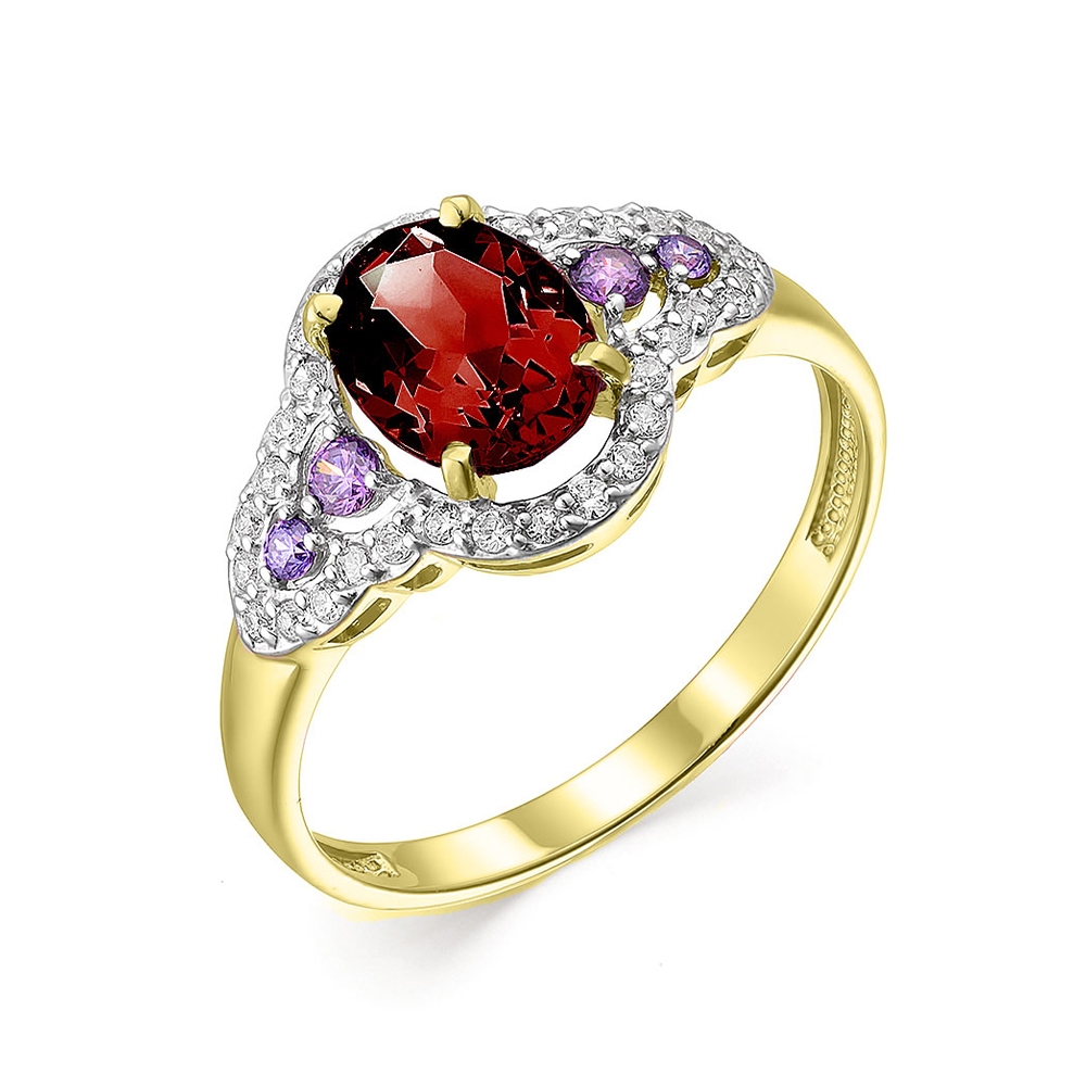 Inel din aur galben cu pietre Cubic Zirconia Incolor, Ametist și Rodolit