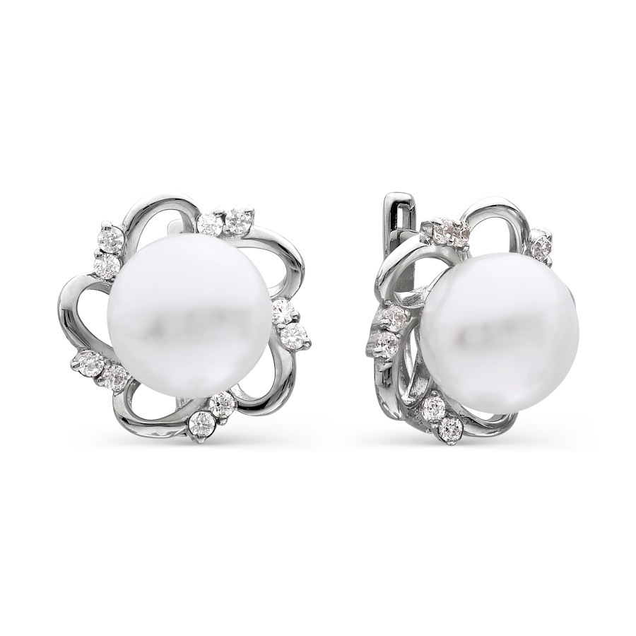 Cercei din aur alb cu pietre Cubic Zirconia Incolor, Perla Albă