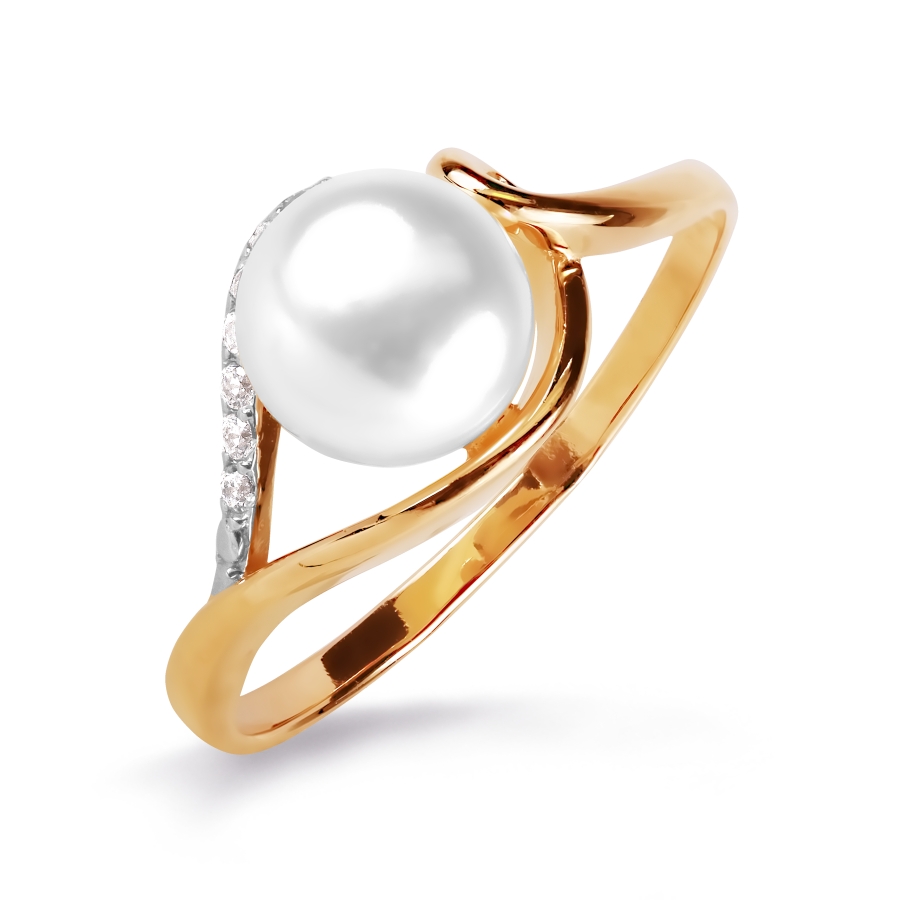 Inel din aur roșu cu pietre Cubic Zirconia Incolor, Perla Albă