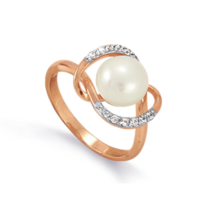 Inel din aur roșu cu pietre Cubic Zirconia Incolor, Perla Albă