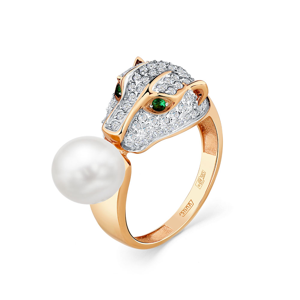 Inel din aur roșu cu pietre Cubic Zirconia Incolor, Cubic Zirconia Verde și Perla Albă