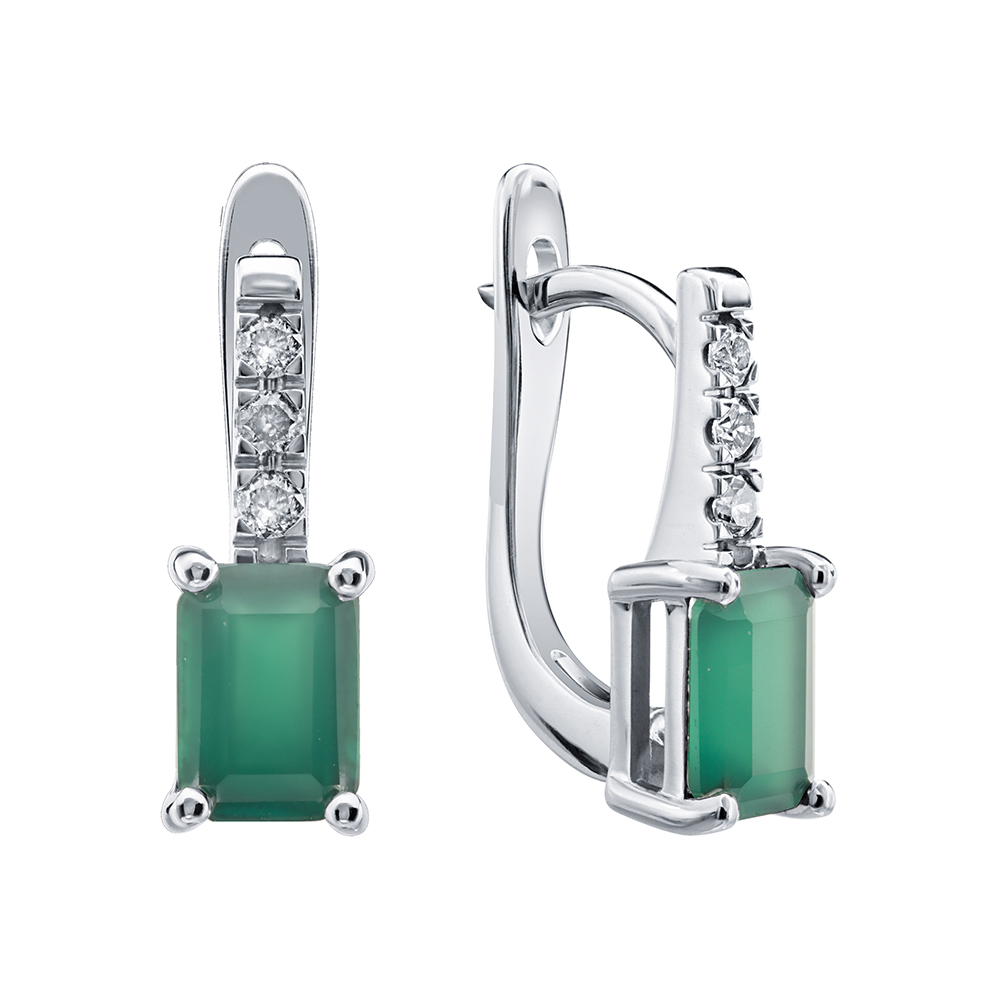 Cercei din aur alb cu pietre Diamant, Agat verde