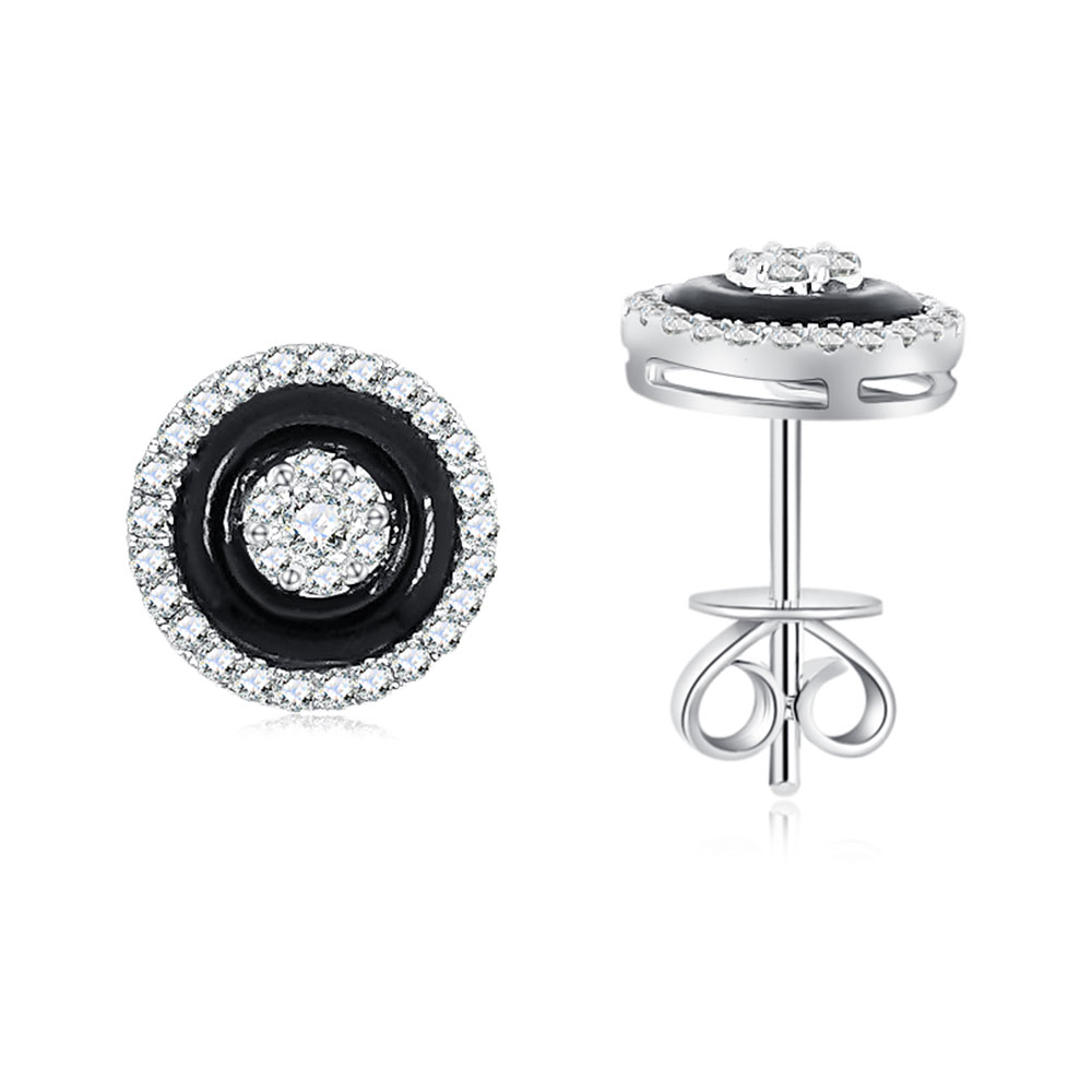 Cercei Pusete din aur alb cu pietre Diamant, Onix negru