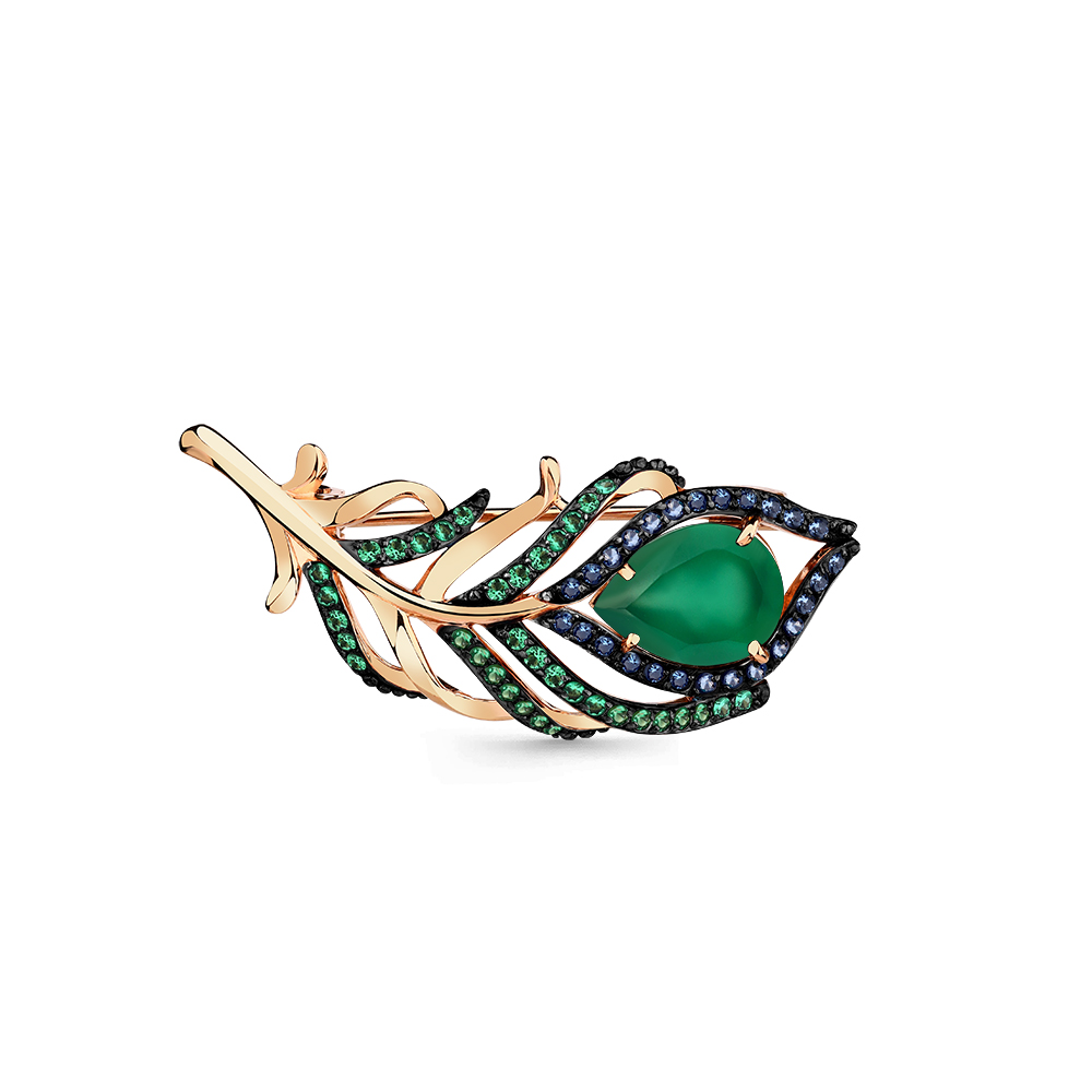 Broșă din aur roșu cu pietre Cubic Zirconia Verde, Cubic Zirconia Albastru Safir și Agat verde