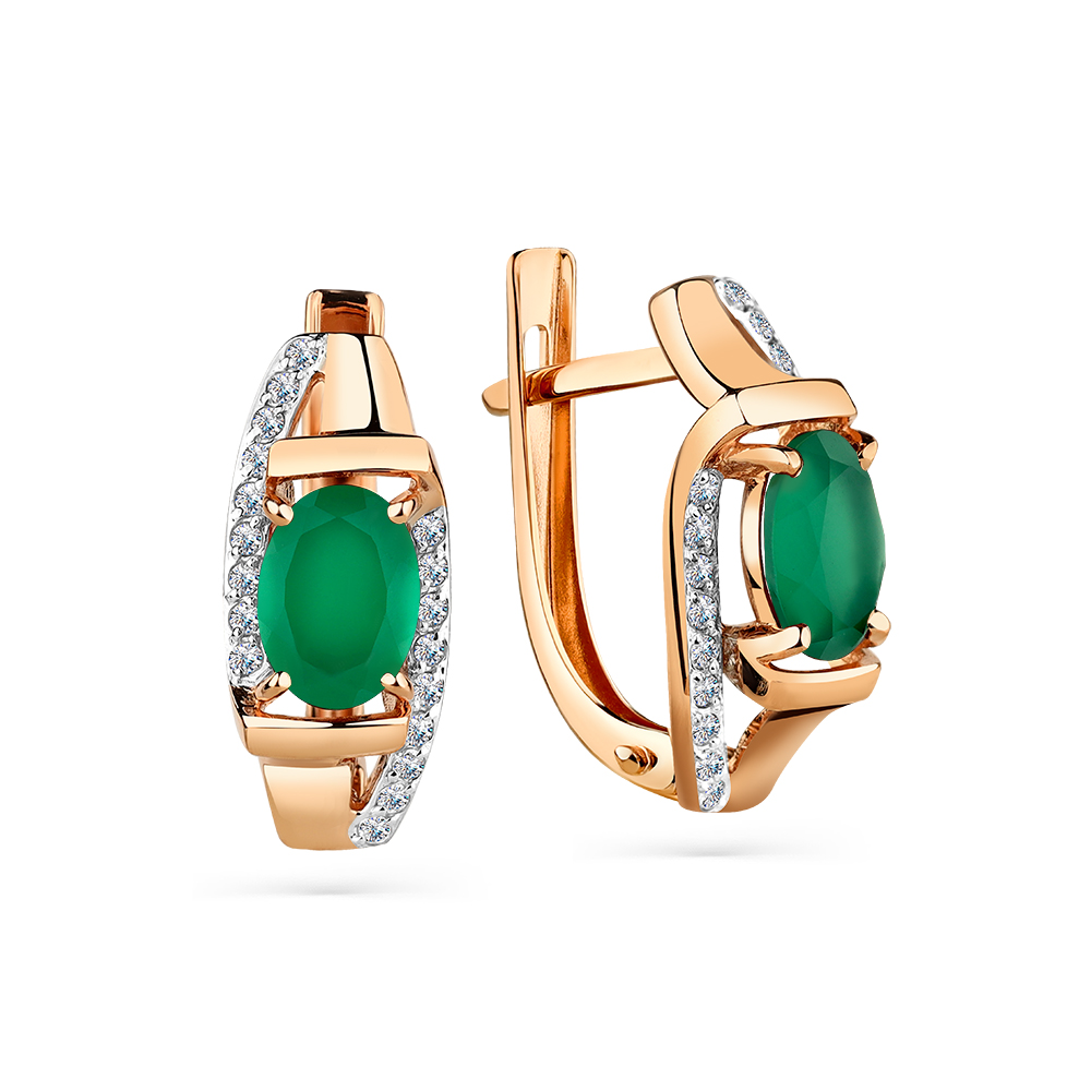 Cercei din aur roșu cu pietre Cubic zirconia, Agat verde