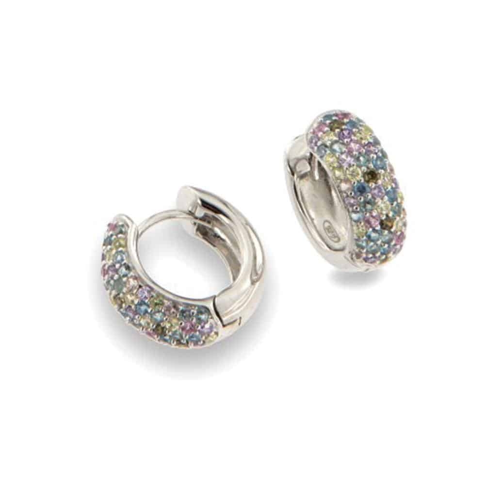 Cercei Creole din argint  cu pietre Cubic Zirconia Incolor, Cubic Zirconia Verde și Cubic Zirconia Albastru