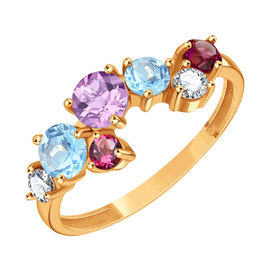Inel din aur roșu cu pietre Cubic Zirconia Incolor, Ametist și Topaz
