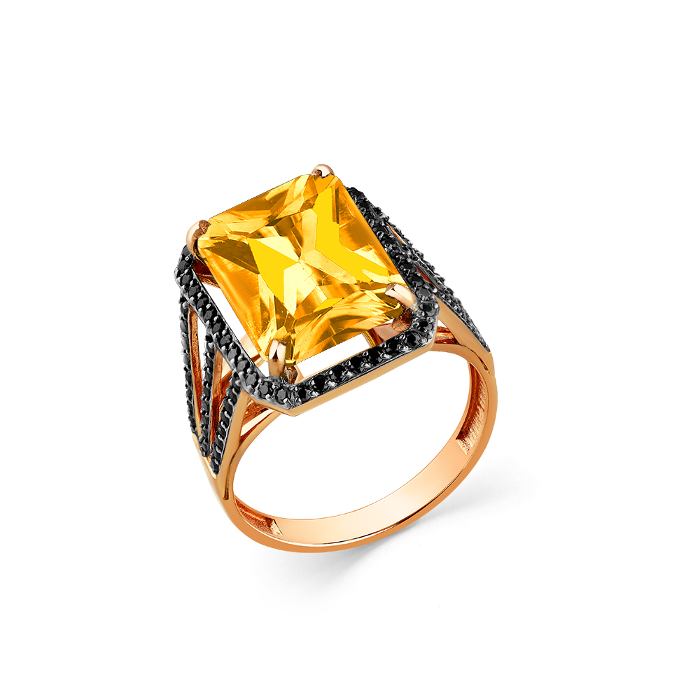 Inel din aur roșu cu pietre Cubic Zirconia Negru, Citrin