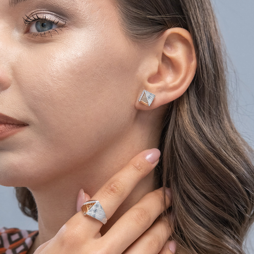 Cercei Pusete din aur alb și roșu cu pietre Cubic Zirconia Incolor