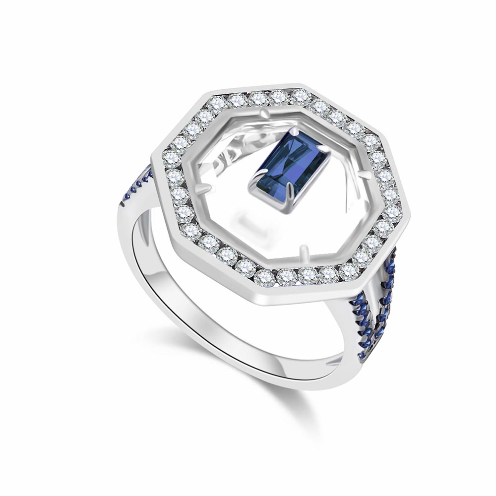 Inel din aur alb cu pietre Diamant, Safir și Cuarț