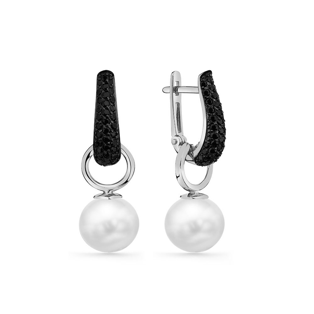 Cercei Suspendați din aur alb cu pietre Cubic Zirconia Negru, Perla Albă