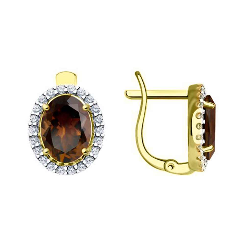 Cercei din aur galben cu pietre Cubic Zirconia Incolor, Cuarț fumuriu