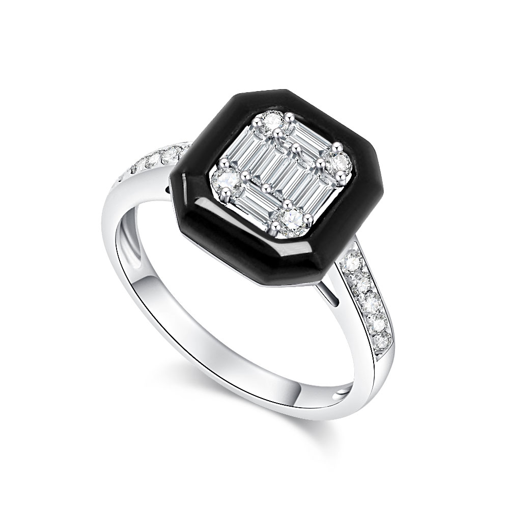 Inel din aur alb cu pietre Diamant, Onix negru