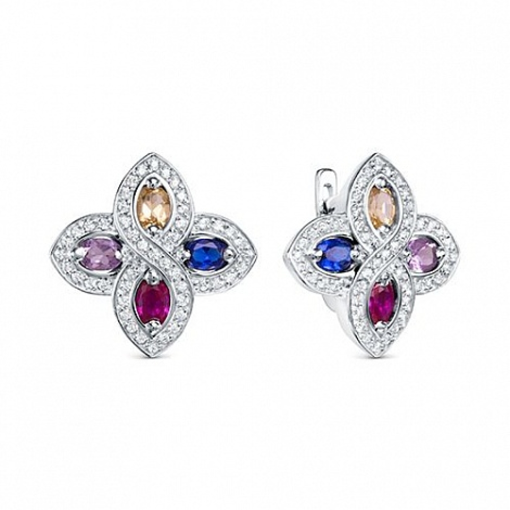 Cercei din argint  cu pietre Cubic Zirconia Incolor, Spinel Rosu Rubin și Spinel Sintetic Albastru