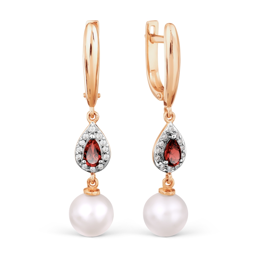 Cercei Suspendați din aur roșu cu pietre Cubic Zirconia Incolor, Granat și Perla Albă