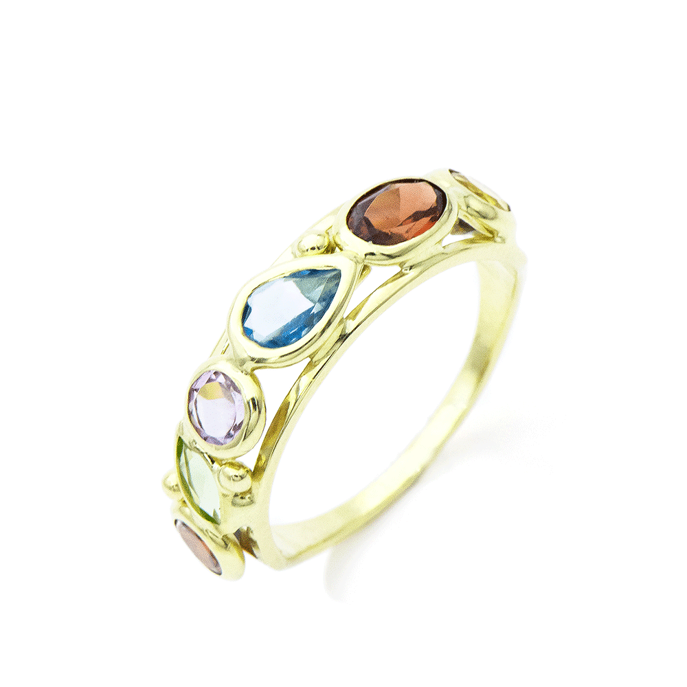 Inel din aur galben cu pietre Granat, Peridot și Topaz