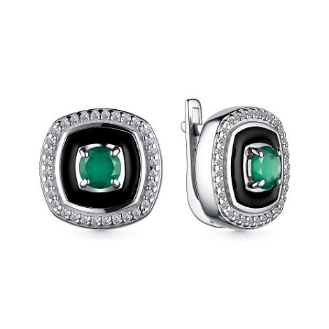 Cercei din argint  cu pietre Cubic Zirconia Incolor, Agat verde și Emailare