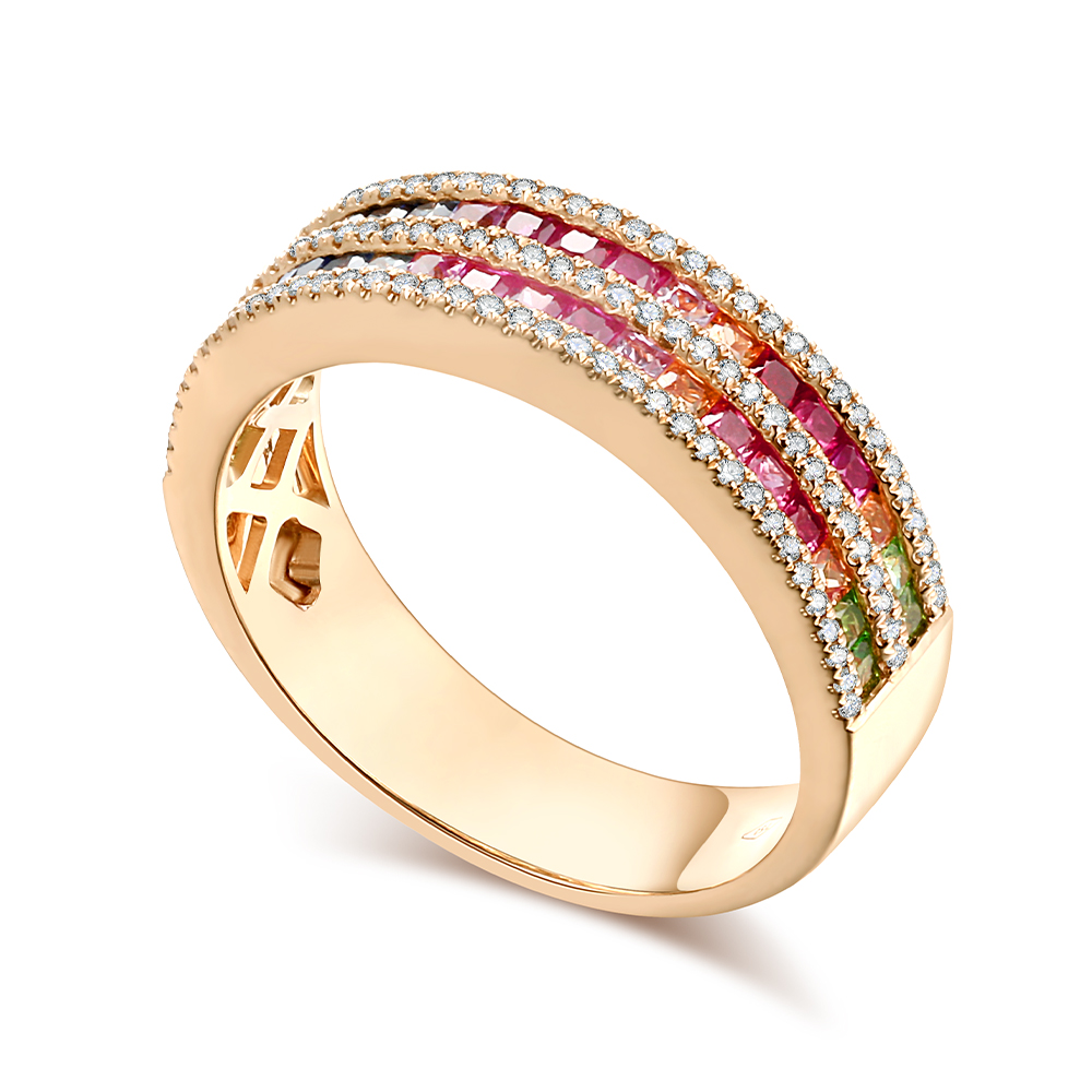 Inel din aur roșu cu pietre Diamant, Safire multicolore