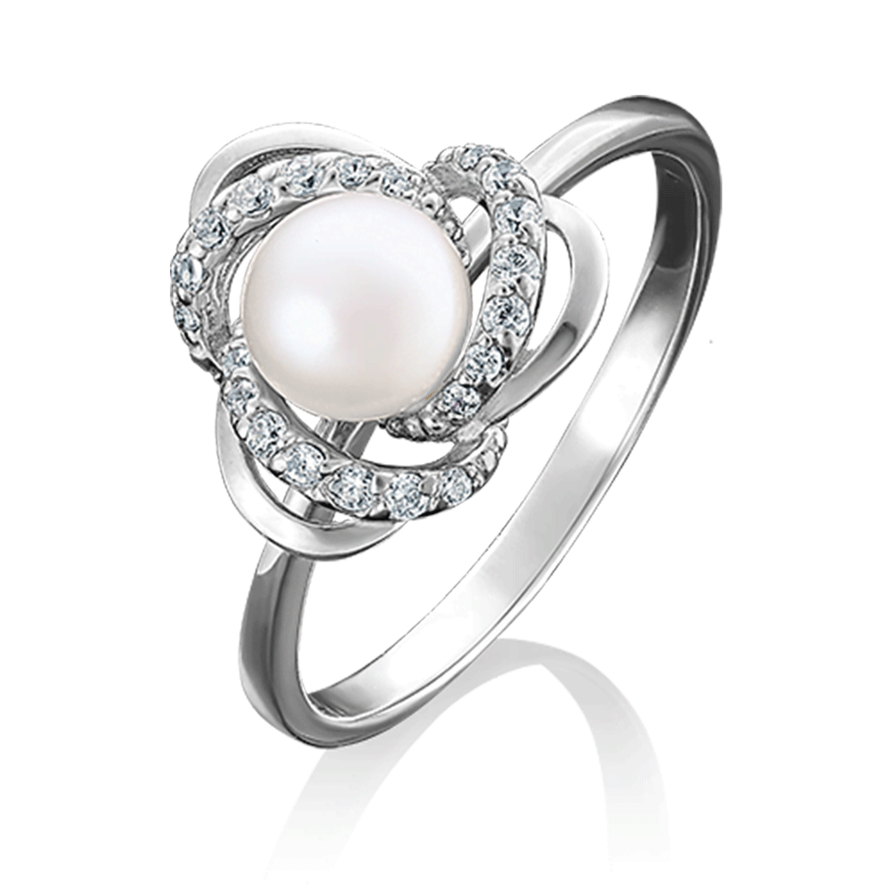 Inel din aur alb cu pietre Cubic Zirconia Incolor, Perla Albă